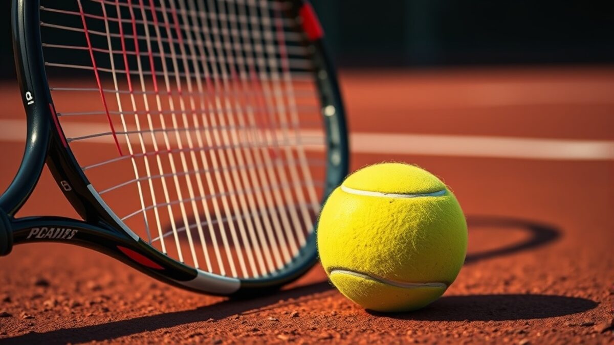 Vợt và bóng tennis trên sân đất nện